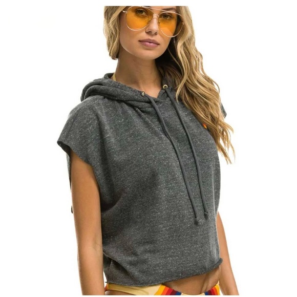 Aviator Nation Logo Embroidery Sleeveless Relaxed Cropped Pullover Hoodie- Grey - Picture 8 of 16